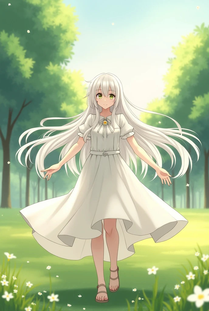Graceful anime girl, long flowing white hair, wearing a flowing white dress, dancing in a meadow, sunlight streaming through trees.