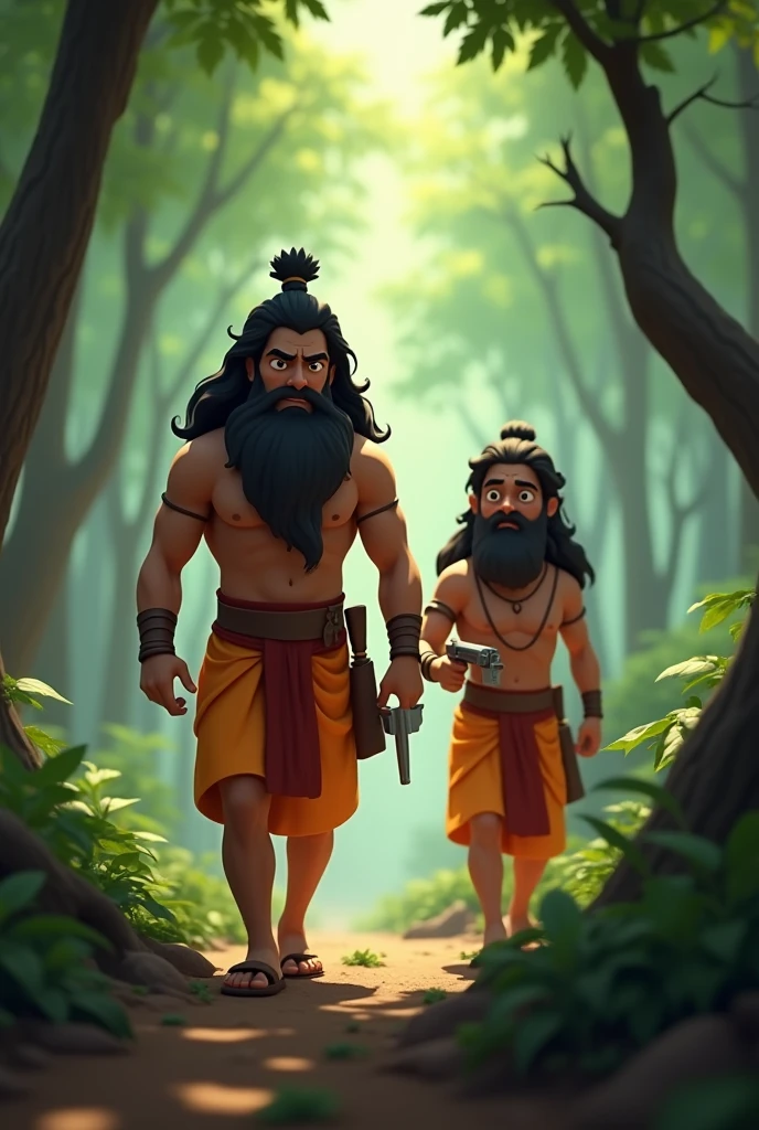 In cinematic 3d cartoon style “ * Rama and Lakshmana, determined and armed, navigating a dense forest. They are surrounded by thick trees and rugged terrain, with a sense of urgency in their expressions as they search for Sita.”