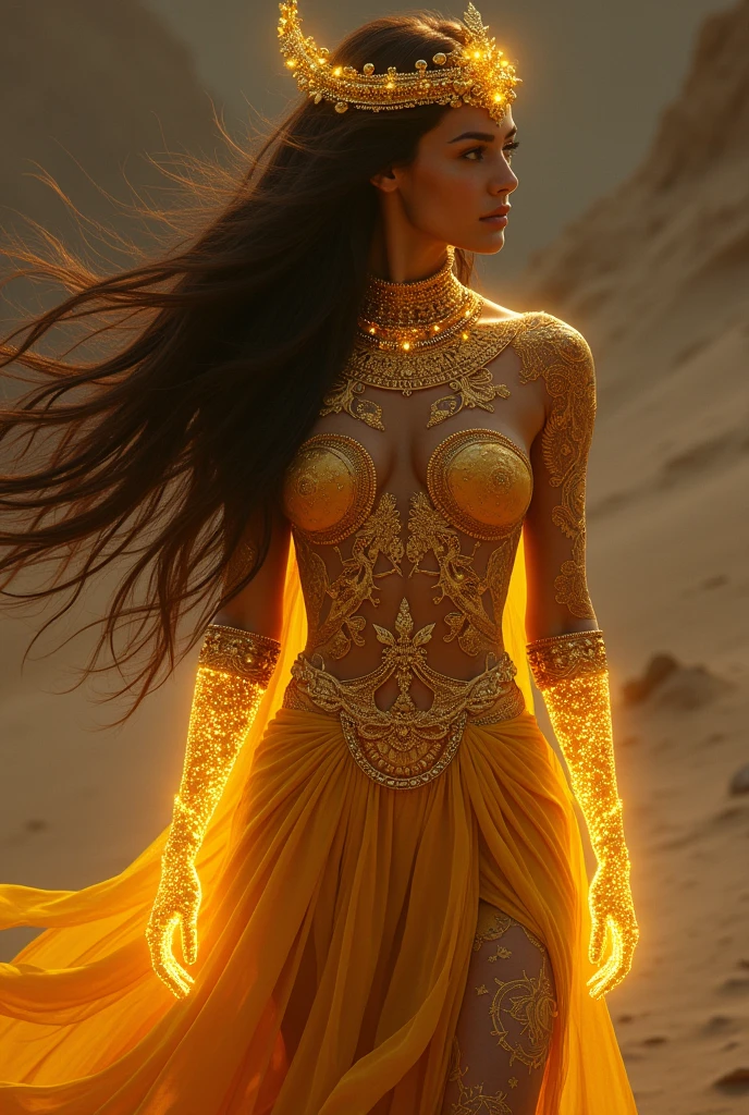 (Beautiful Cinematic Decorated Sand Goddess Woman., Golden dress, glowing gold tattoo), (Galactic Shaman with a Quantum Energy Fantasy), fantasy magic, Long hairstyle, dark light night, difficult, unearthly, Sharp Focus, illustration, very detailed, digital painting, conceptual art, matte, (art by wlop), (Justin Gerard and Jason Edmiston: 1.5), (Greg Rutkowski: 0.4), (Alphonse Mucha: 0.4), masterpiece