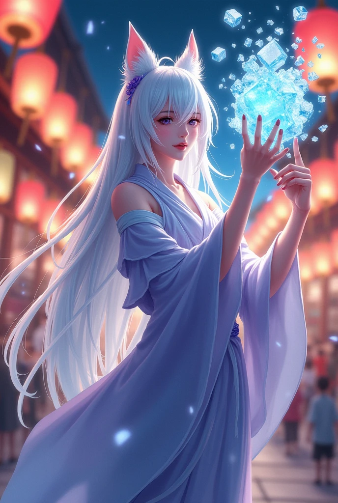 a woman, with long hair, which is white in color with a slight shade of blue, the woman has wolf ears on her head, and wears typical Japanese festival clothing, with lilac and blue colors, she is holding a fan in her right hand, and in her left hand she is manipulating an ice cube with magic, she is at a lantern festival, Ice flock in hair