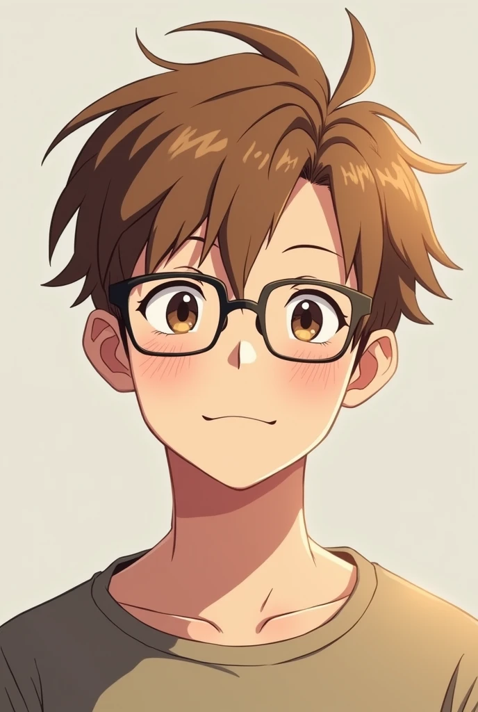 Anime character man short light brown hair, with freckles small rectangular lenses, combed forward, not so thin 20 years old thin lips