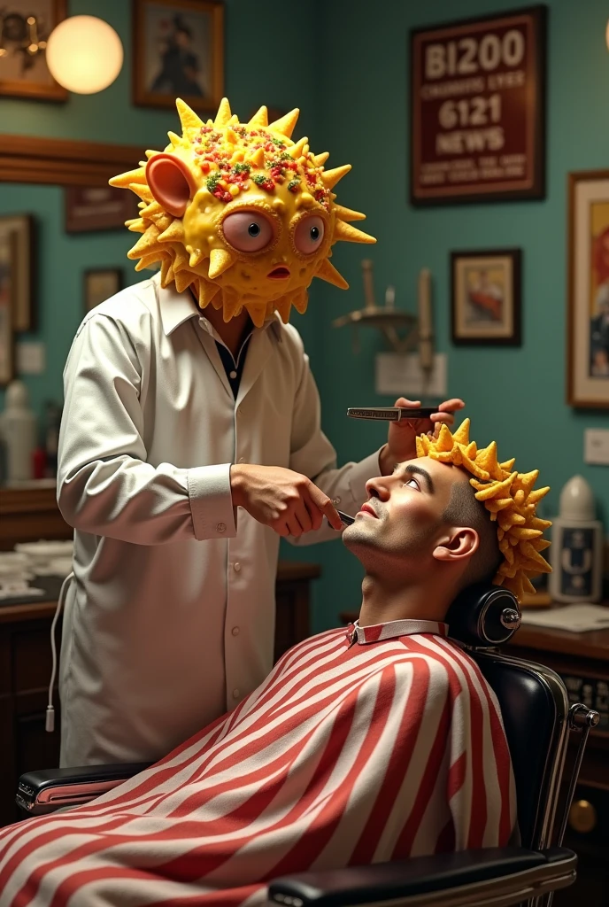 I want an image with the name Nacho Barber, that it be a barbershop with a person who has a nacho head and is shaving 
