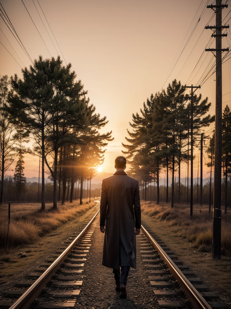 Epic photo, hyper realistic, Sunset, orange tones lighting, silhouette of (man, 188 cm tall, walking, dressed in a long overcoat, Texan boots, Gibson Les Paul Standard electric guitar hanging on his back), walk along the train tracks towards the sun that sets on the horizon, trees in the background, photo for image of a disk, name of the album: "It allows me a feeling?", 