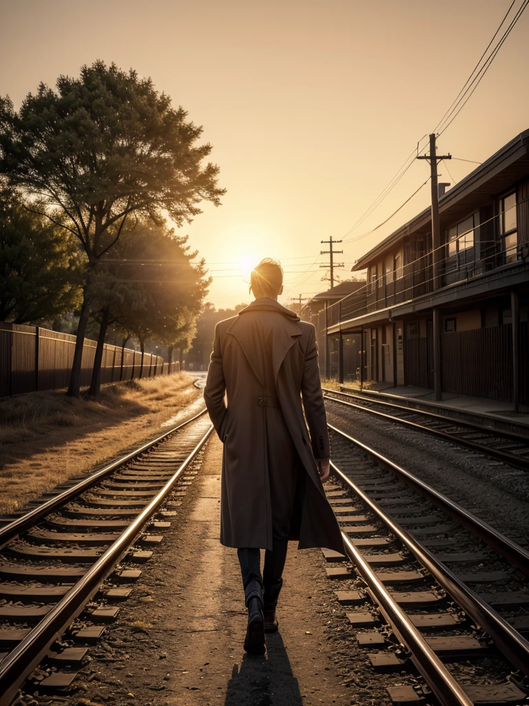 Epic photo, hyper realistic, Sunset, orange tones lighting, silhouette of (man, 188 cm tall, walking, dressed in a long overcoat, Texan boots, Gibson Les Paul Standard electric guitar hanging on his back), walk along the train tracks towards the sun that sets on the horizon, trees in the background, photo for image of a disk, name of the album: "It allows me a feeling?", 