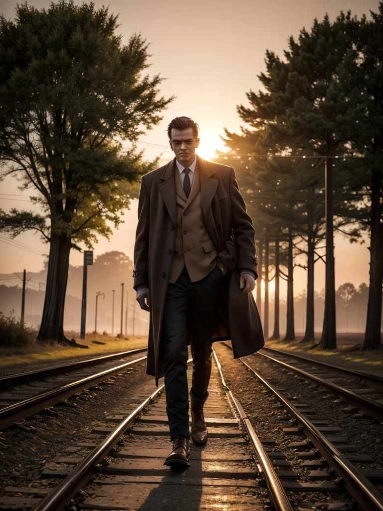 Epic photo, hyper realistic, Sunset, orange tones lighting, silhouette of (man, 188 cm tall, walking, dressed in a long overcoat, Texan boots, Gibson Les Paul Standard electric guitar hanging on his back), walk along the train tracks towards the sun that sets on the horizon, trees in the background, photo for image of a disk, name of the album: "It allows me a feeling?", 