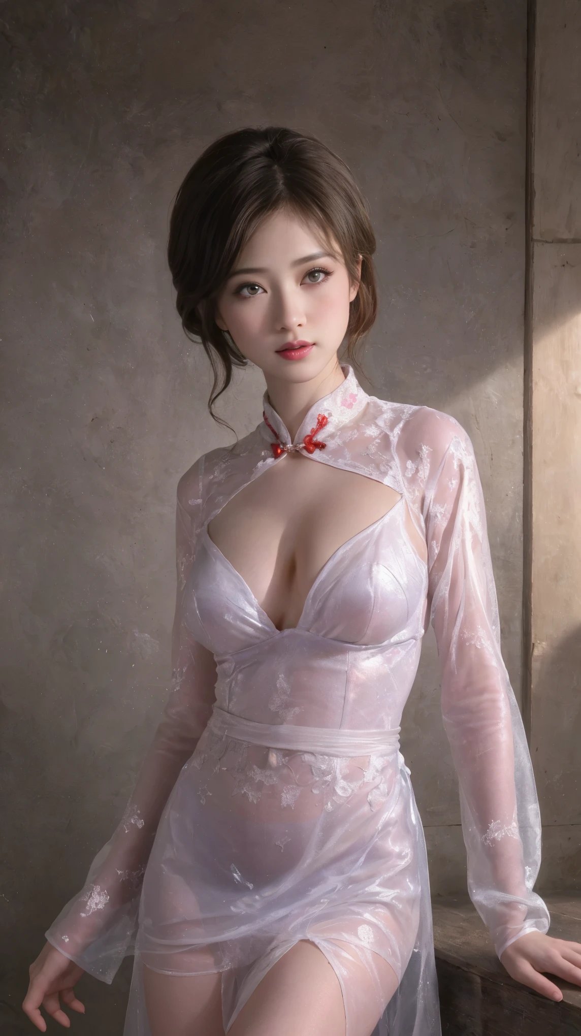 masterpiece,(best quality:1.3),ultra high res,raw photo,detailed skin,beautiful lighting,(realistic, photo-realistic:1.4),1girl,qipao,riobody，breasts