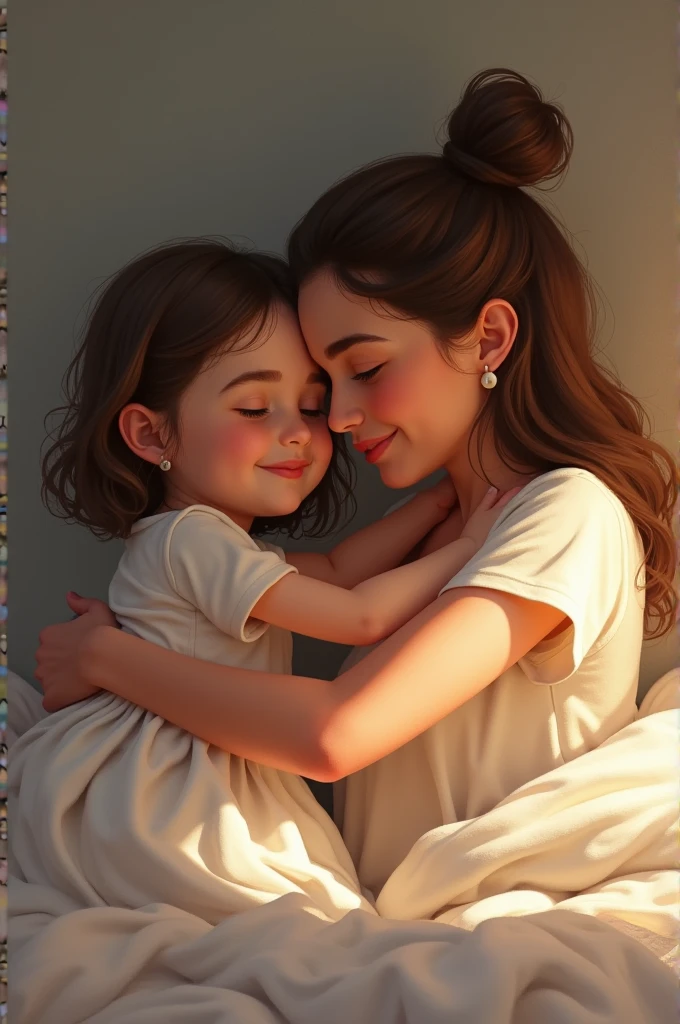 Mother and daughter hugging on a bed