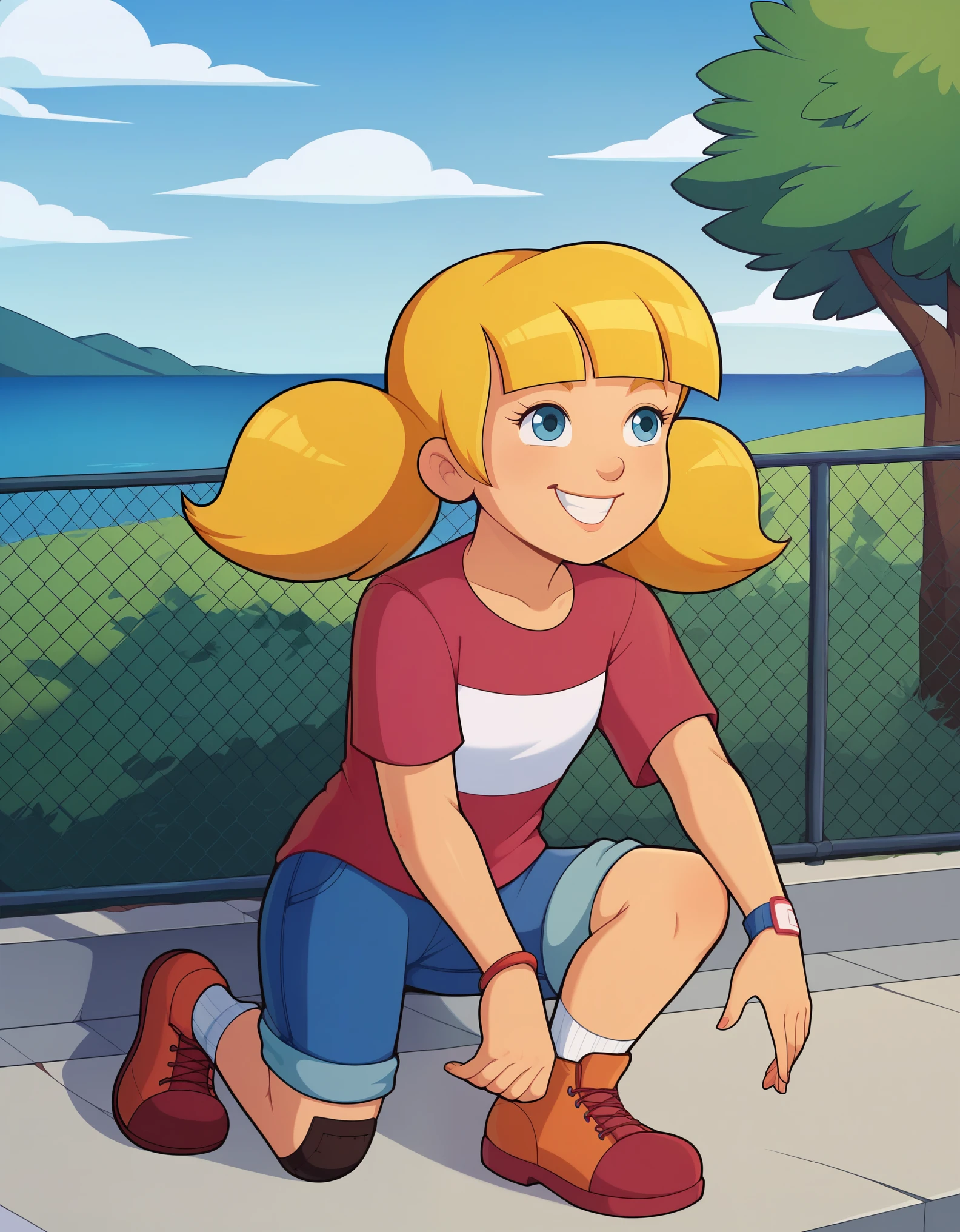 score_9, solo, penny blonde hair, twintails, red shirt, stripe, knee patch, outdoors, smile