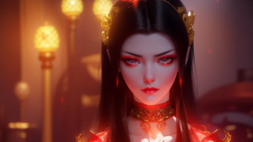 1 very beautiful queen medusha in hanfu dress, thin red silk shirt with many yellow motifs, black lace top, long hair dyed black, beautiful hair jewelry, pretty face pretty and cute, perfect face, earring jewelry, head and hair jewelry, antique jewelry, big red eyes, sharp eye makeup, meticulous makeup eyelashes, thin eyebrows, nose tall, pretty red lips, no smile, pursed lips, rosy cheeks, breast augmentation, wide breasts, big breasts, well-proportioned breasts, slim waist, red mesh stockings with black lace, Chinese hanfu style, fictional art patterns, colors vivid and realistic, RAW photos, realistic photos, ultra-high quality 8k surreal photos, cool photos, (virtual lighting effects: 1.8), super detailed eyes, beautiful girl body portrait, girl alone, ancient hanfu background, looking directly at the audience, 8k quality, super sharp, detailed and clear picture best