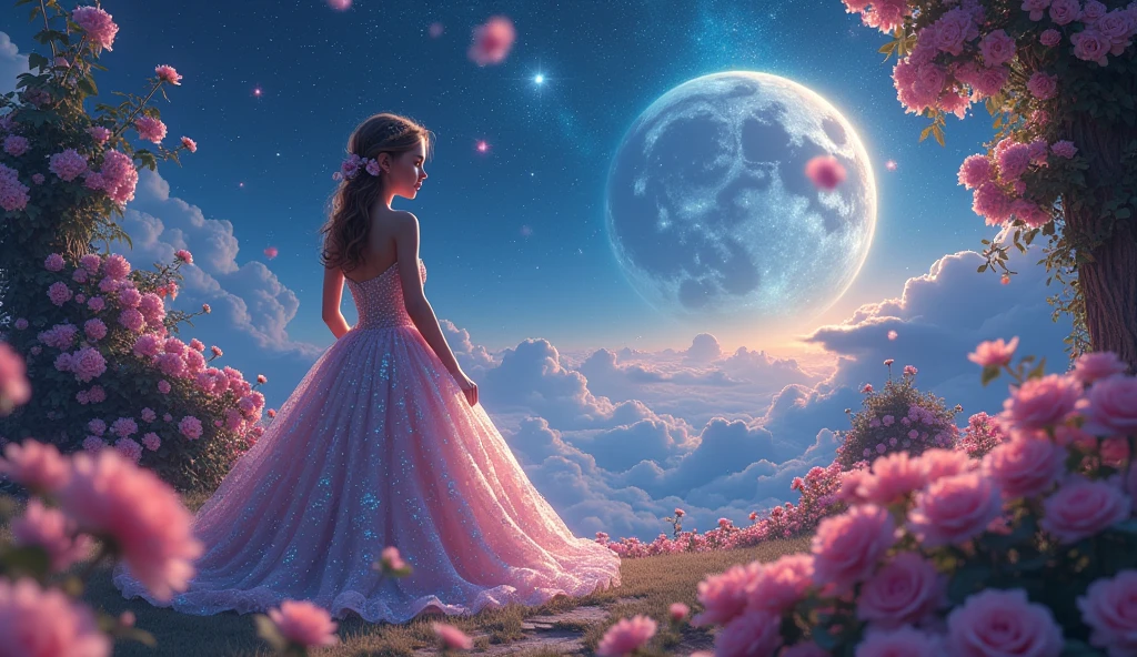 Celestial Gardens: A realm where gardens float among the stars, each planet a vibrant mosaic of flowers. A stunning girl in a gown of stardust and pearls wanders among these celestial blooms, her skin sparkling like the night sky.hd clear sharp image make it more amazing and dramatic makd it little  animated 