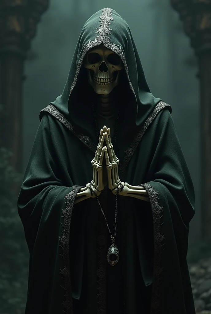 A skeleton is holding his hands together in a cult-like robe with a necklace hanging from his hand.
