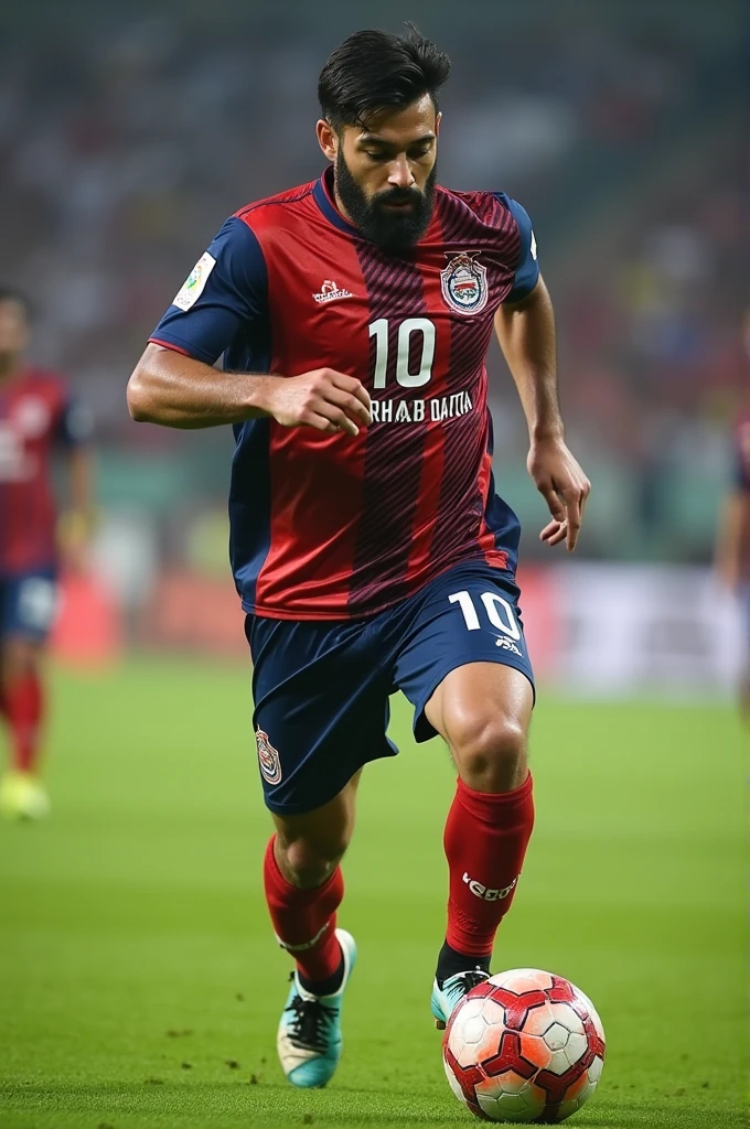 Created an AI image of an 27 years old man with short beards. Playing football wearing Mohun Bagan original Jersey with written number 10 and Name - Arnab Datta on Back and front of the jersey.