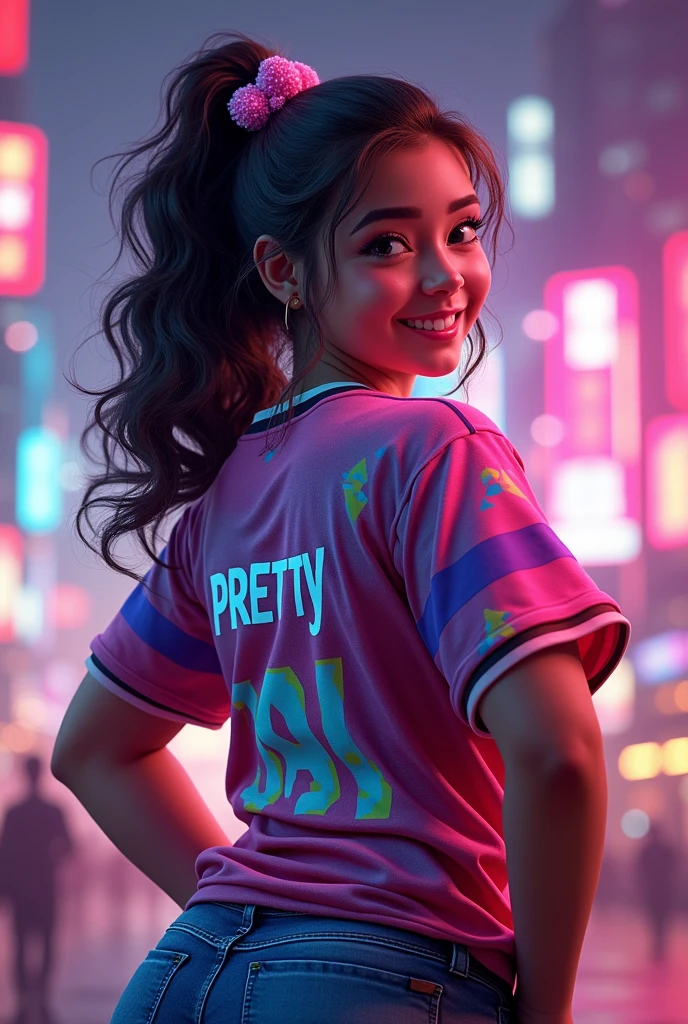 A young chubby woman with esports jersy and has a "Pretty GAL" name on the back