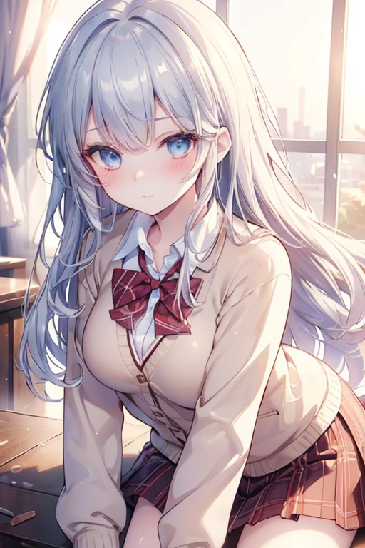 ((masterpiece, best quality, highres, UHD, perfect pixel, depth of field, 4k, RTX, HDR)), 1girl, single, solo, 19 years old, beautiful anime girl, beautiful artstyle, anime character, ((long hair, bangs, silver hair, curly hair)), (blue eyes:1.4, rounded eyes, beautiful eyelashes, realistic eyes), (detailed face, blushing:1.2), (smooth texture:0.55, realistic texture:0.65, photorealistic:1.2, cinematic, anime CG style), medium breasts, perfect body, busty, (POV, close up), ((school uniform, cardigan, sweater, jacket, red bowtie, plaid skirt)), (indoor, beside the window), ((side light, natural light, sunrise)), sly smile, leaning forward, looking at viewer