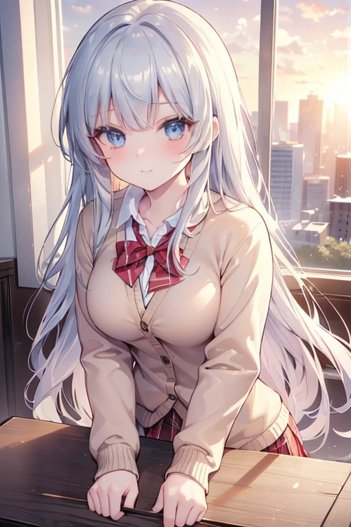 ((masterpiece, best quality, highres, UHD, perfect pixel, depth of field, 4k, RTX, HDR)), 1girl, single, solo, 19 years old, beautiful anime girl, beautiful artstyle, anime character, ((long hair, bangs, silver hair, curly hair)), (blue eyes:1.4, rounded eyes, beautiful eyelashes, realistic eyes), (detailed face, blushing:1.2), (smooth texture:0.55, realistic texture:0.65, photorealistic:1.2, cinematic, anime CG style), medium breasts, perfect body, busty, (POV, close up), ((school uniform, cardigan, sweater, jacket, red bowtie, plaid skirt)), (indoor, beside the window), ((side light, natural light, sunrise)), sly smile, leaning forward, looking at viewer