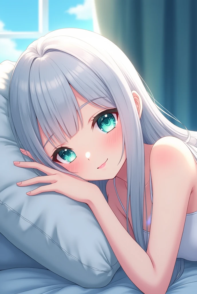 ((masterpiece)), ((Best Quality 4k)), (Ultra-detailed), anime style, cute, 1 girl lying on the bed, beautiful detailed eyes, beautiful detailed lips, extremely detailed face, long eyelashes, serene expression, soft lighting, pastel colors, dreamy atmosphere, peaceful, cozy bedroom interior, silk sheets, plush pillows, sunlight filtering through curtains,nobra