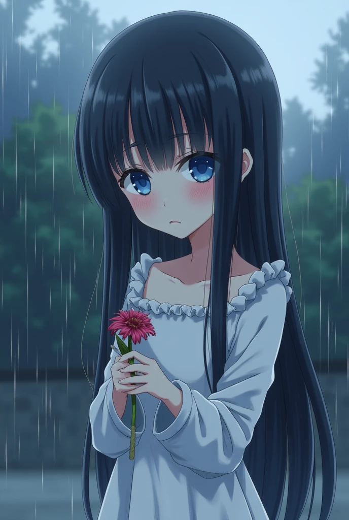 Sad anime girl, blue eyes, long black hair, wearing a white dress, holding a wilted flower, raining outside.