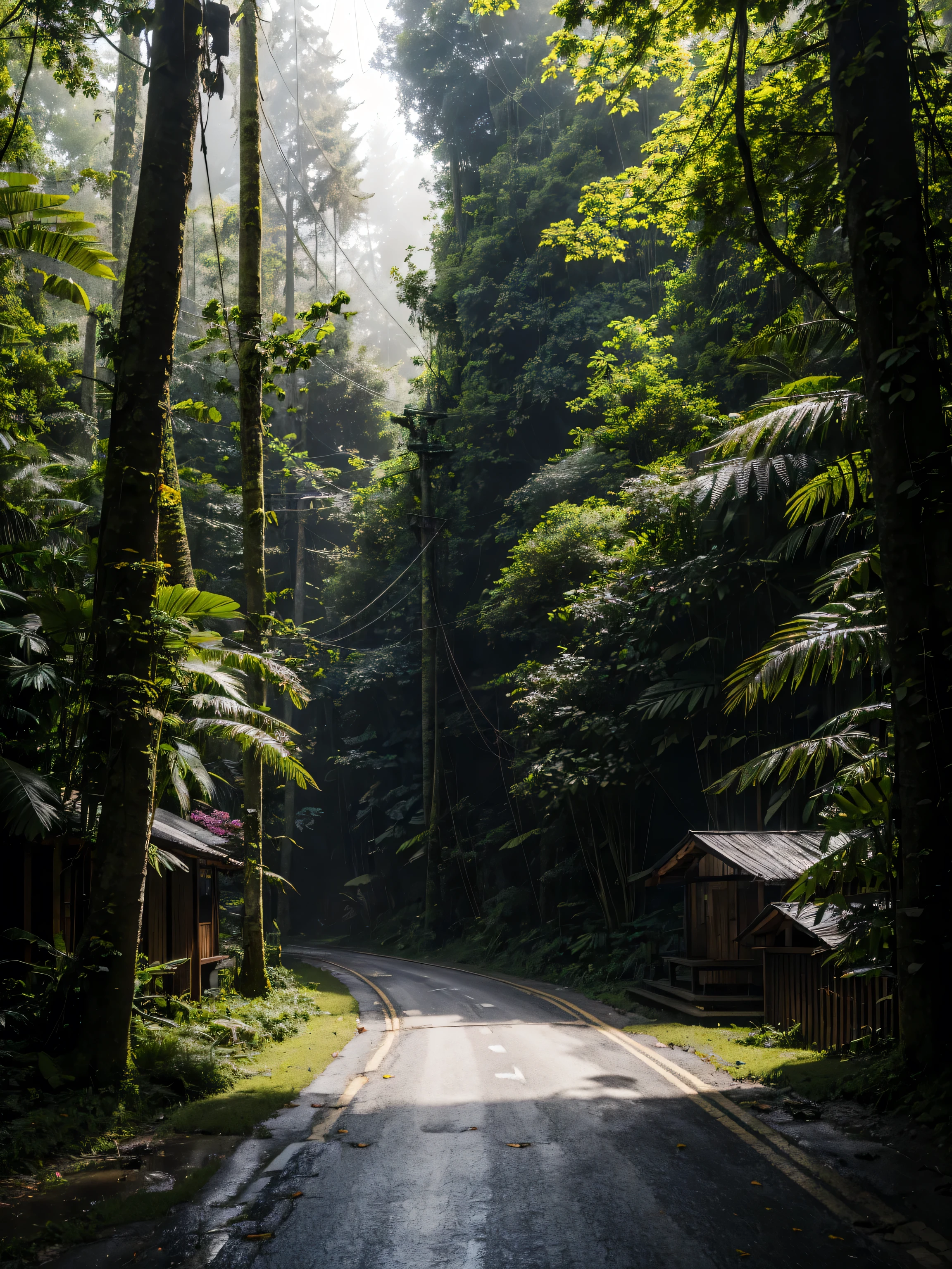 A narrow, asphalt road winding through a dense Indonesian forest, with lush green trees and foliage on the right side. The road appears wet and muddy with puddles, indicating recent rain, making the path slippery and treacherous. To the left, there is a steep drop-off, revealing a deep ravine below, adding a sense of danger to the scene. The atmosphere is moody, with diffused light filtering through the thick canopy above. The overall image is highly detailed and realistic, captured in 4k resolution.