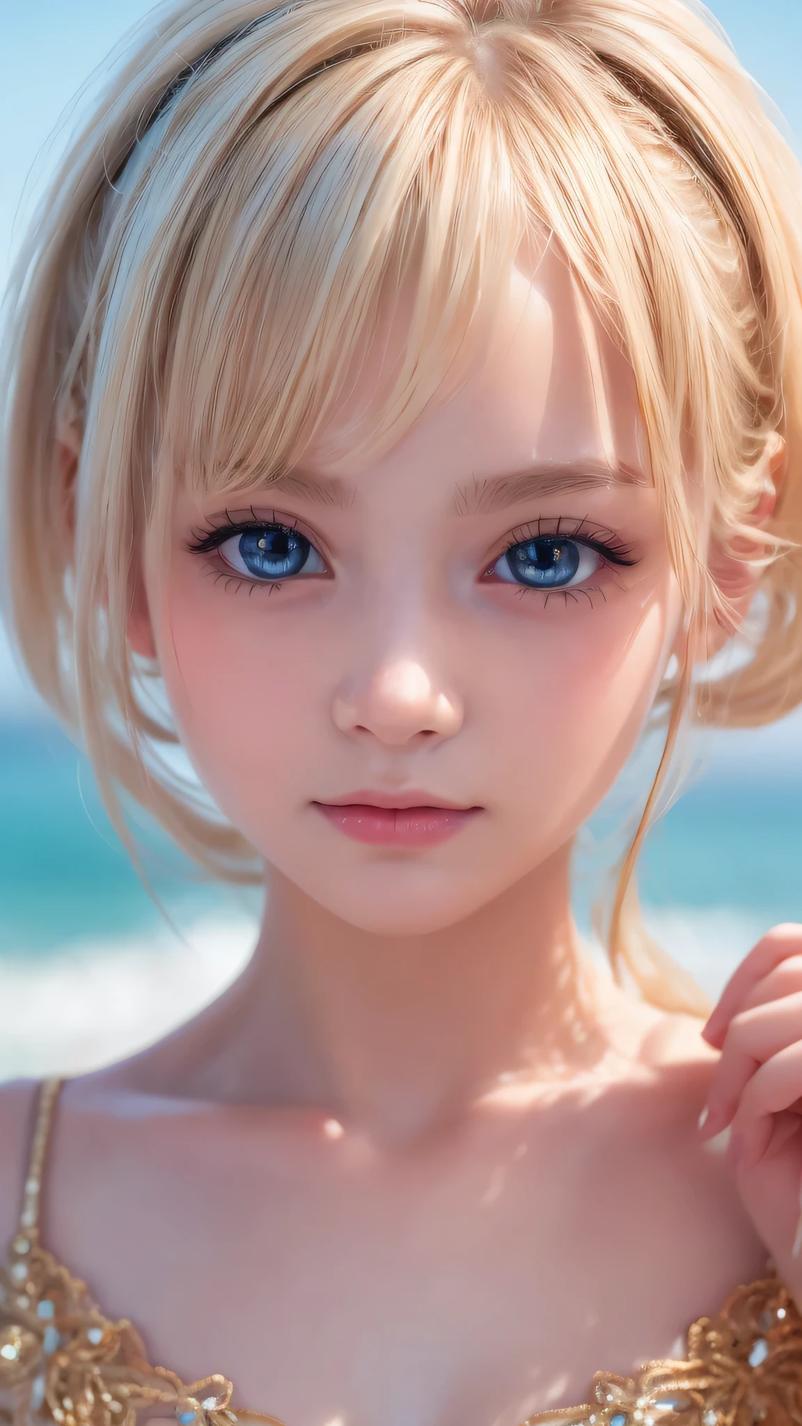 One Girl,(1人のとてもcute女の子:1.3),masterpiece,Highest quality,High resolution,From below,Low - Angle,Photorealistic,RAW Photos,Ray Tracing,Physically Based Rendering,beautiful girl,(:1.3),cute,Big Blue Eyes,(detailed pupils:1.2),(The face is facing straight ahead:1.3),Body facing forward,Beautiful nose,Upturned nose,Fuller lips,Platinum Blonde Hair,Detailed eyelashes,Thin eyebrows,Very fine grain definition,(Symmetrical eyes,Golden Ratio:1.3),(Face close-up,Face Focus:1.0),Small breasts,Short neck,White Bikini,Swimwear,Ocean,Blue sky,White cloud,Soft Light,Portrait,View Viewer,Upper Body,Cinema Lighting,High resolution,Very detailed