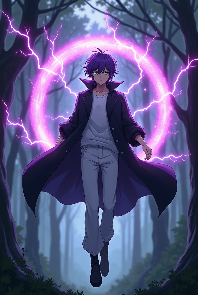  In an anime-style scene set in a mystical forest, a Genshin Impact-inspired character hovers in the air. The character is 187 cm tall, with average but striking features. His purple hair is styled in a mullet haircut, framing his green eyes that have a soft yet fierce expression. He's dressed in a black overcoat, white pants, and a white T-shirt. His clothes are dramatically swayed by the strong, gusty wind, emphasizing the intensity of the scene. Three glowing mana circles with crackling purple lightning hover behind him, showcasing his magical abilities. The character’s full body is shown, floating above the ground, with the mana circles adding a powerful aura around him. The dense, shadowy woods in the background add to the mystical and intense atmosphere. He is showcasing the power purple lightning all over the woods
