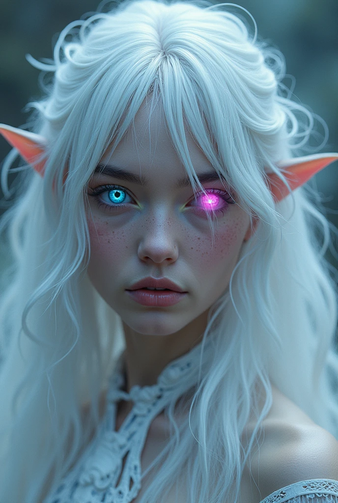 Long hair, white hair, blue right eye、Pink odd eye on left eye