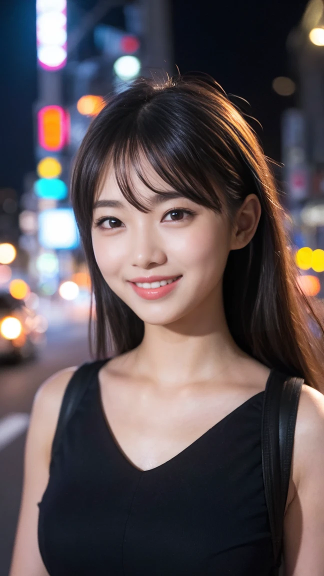 1 girl, Tokyo Street,night, Streetscape,City lights,Upper Body,close,smile,, (8k, RAW Photos, Highest quality, masterpiece:1.2),(Realistic, photo-Realistic:1.37), 15 years old, Most popular Japanese idols,