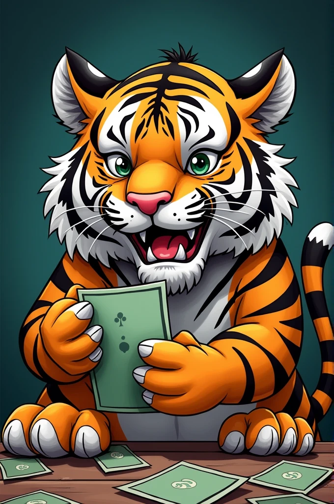 
give me an image of a cartoon in Portuguese mocking the use of gambling (famous &#39;tiger game&#39;), where many get into debt because of gambling addiction