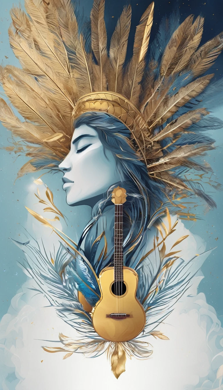 Create a cinematic, abstract symbol for a storytelling production brand based on stories and dreams called " Penamemoria". The logo should convey a fantasy theme and include the company of a boy and a feather. Fantastic, memorable, poetic, dreamy, sitting against a tree and playing guitar to a fantastic, unique, poetic white-blue-golden feather.