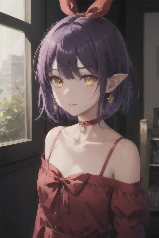 Highest quality, Perfect Skin, Beautiful attention to detail,Detailed face,Dynamic Lighting,One girl,View your viewers, nmm1, \(gegege no 6\), One girl, Purple Hair, Yellow Eyes, alone, Red dress, Red choker, Hair Ribbon, Pointed Ears, short hair, White shirt, Long sleeve, Red Bow, bangs, clavicle, brooch, jewelry,Finding
