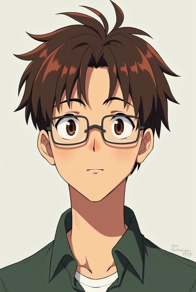 Anime character man short brown red hair , with freckles, small rectangular lenses, combed forward, not so thin 20 years old thin lips