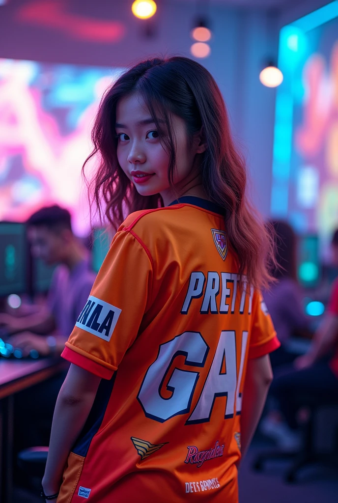 A young chubby woman with esports jersy and has a "Pretty GAL" name on the back