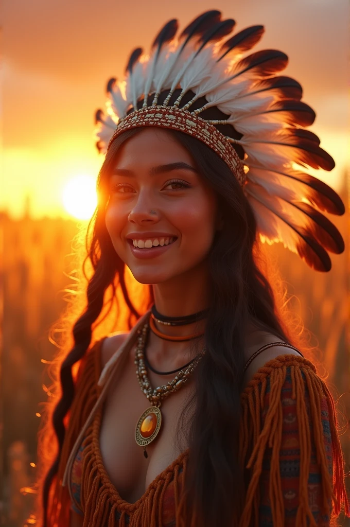 One girl, High resolution, smile, Native American, Traditional attire, sunset, Large feather decoration, Hami Breasts, Transparent nipples