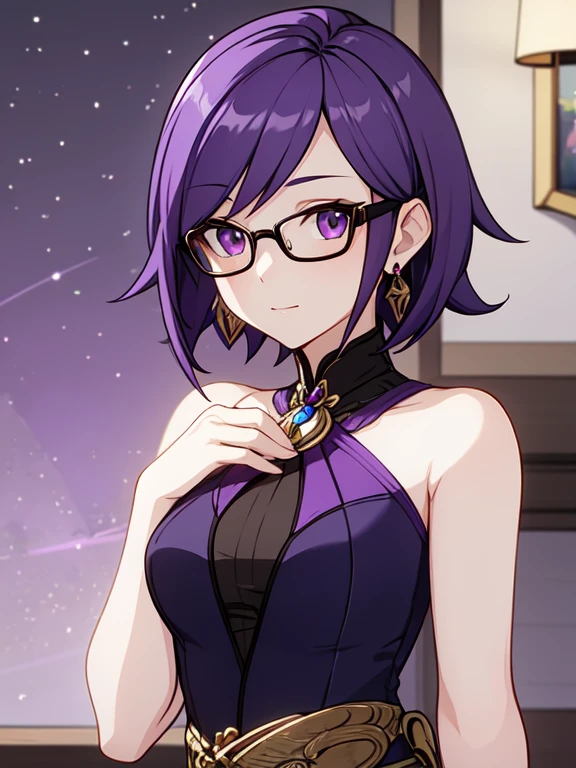 1 girl, mature woman, masterpiece, madam, goddess,short hair ,((purple hair)),Glasses