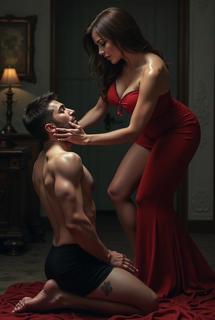 A woman sitting in chair crossing her legs, showing her thighs, feet in high heels wearing saree and a man kneeling in front of her holds her feet on his hand and licks her feet from tongue