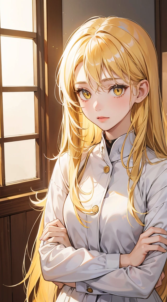1girl, 30 years old, cat cafe, blonde hair, long hair, blonde, yellow eyes, shy, wearing all white, eligant posture, beautiful