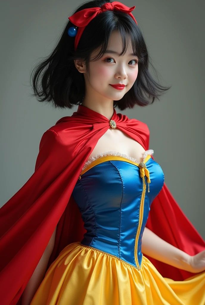 Extreme closeup, upper body shot,Beautiful Chinese 18 year old female , wearing snow white cosplay, blue silk corset, red silk cape, yellow silk pleated skater skirt, silk leggings, black bob hair, red hairband, masterpiece, photorealistic, amazingly detailed face, maximum resolution,  happy, dynamic pose, , realistic, photograph