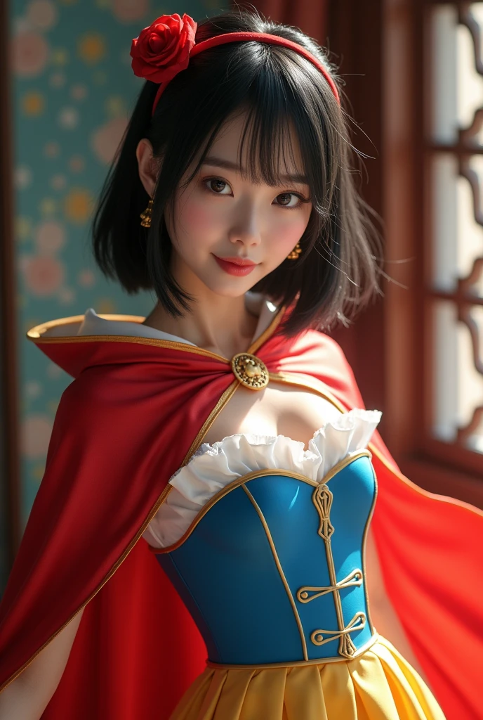 Extreme closeup, upper body shot,Beautiful Chinese 18 year old female , wearing snow white cosplay, blue silk corset, red silk cape, yellow silk pleated skater skirt, silk leggings, black bob hair, red hairband, masterpiece, photorealistic, amazingly detailed face, maximum resolution, happy, dynamic pose, , realistic, photograph