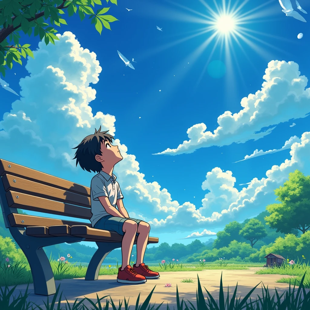a young boy sitting on a bench, looking up at the blue sky, Ghibli-style, beautiful detailed eyes, beautiful detailed lips, extremely detailed face and expression, lush green landscape, (best quality,4k,8k,highres,masterpiece:1.2),ultra-detailed,(realistic,photorealistic,photo-realistic:1.37),cinematic lighting,vibrant colors,whimsical,magical realism,serene,dreamlike