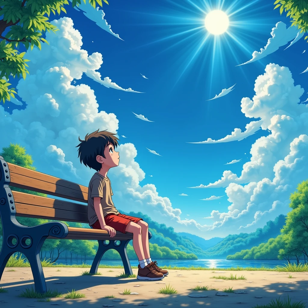 a young boy sitting on a bench, looking up at the blue sky, Ghibli-style, beautiful detailed eyes, beautiful detailed lips, extremely detailed face and expression, lush green landscape, (best quality,4k,8k,highres,masterpiece:1.2),ultra-detailed,(realistic,photorealistic,photo-realistic:1.37),cinematic lighting,vibrant colors,whimsical,magical realism,serene,dreamlike