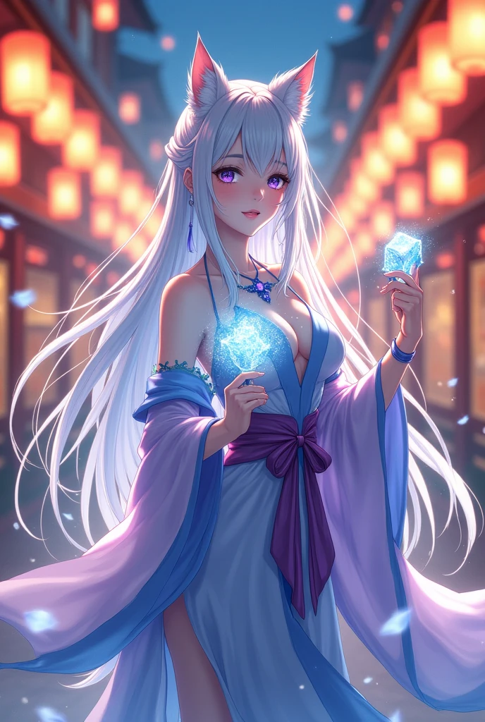 a anime woman, with long hair, which is white in color with a slight shade of blue, the woman has wolf ears on her head, and wears typical Japanese festival clothing, with lilac and blue colors, she is holding a fan in her right hand, and in her left hand she is manipulating an ice cube with magic, she is at a lantern festival, Ice flock in hair