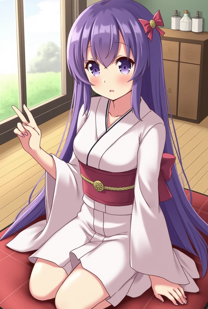 Purple Hair、long、kimono、Beauty、Straight face、Torn clothes、Rope Play、On the futon、Girl sitting、Chest、 in the valley、
