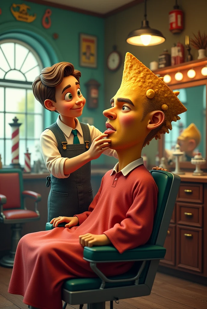 I want an image with the title of Nacho Barber, that it is a barbershop and that it has a person who has a nacho head, just a nacho and only the person who is shaving 
