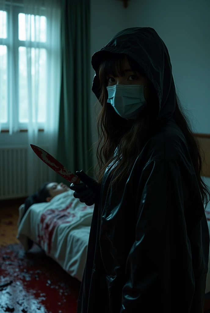 korean girl, (behind corpse, surgical mask), holding knife, stabbing, black gloves, room full of blood, black raincoat, plump, hood up, holding knife, black gloves, behind corpse, blood splatter, bondage, long bangs, bed room, looking at viewer, black wet suit, night, mass murderer, killer, robbery, dark atmosphere, cinematic lighting, atmospheric realistic, light from the window close-up,