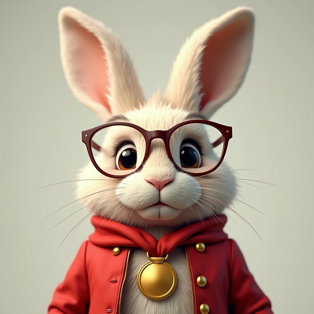 Female rabbit with red ribbon, gold medal on the ribbon, big glasses