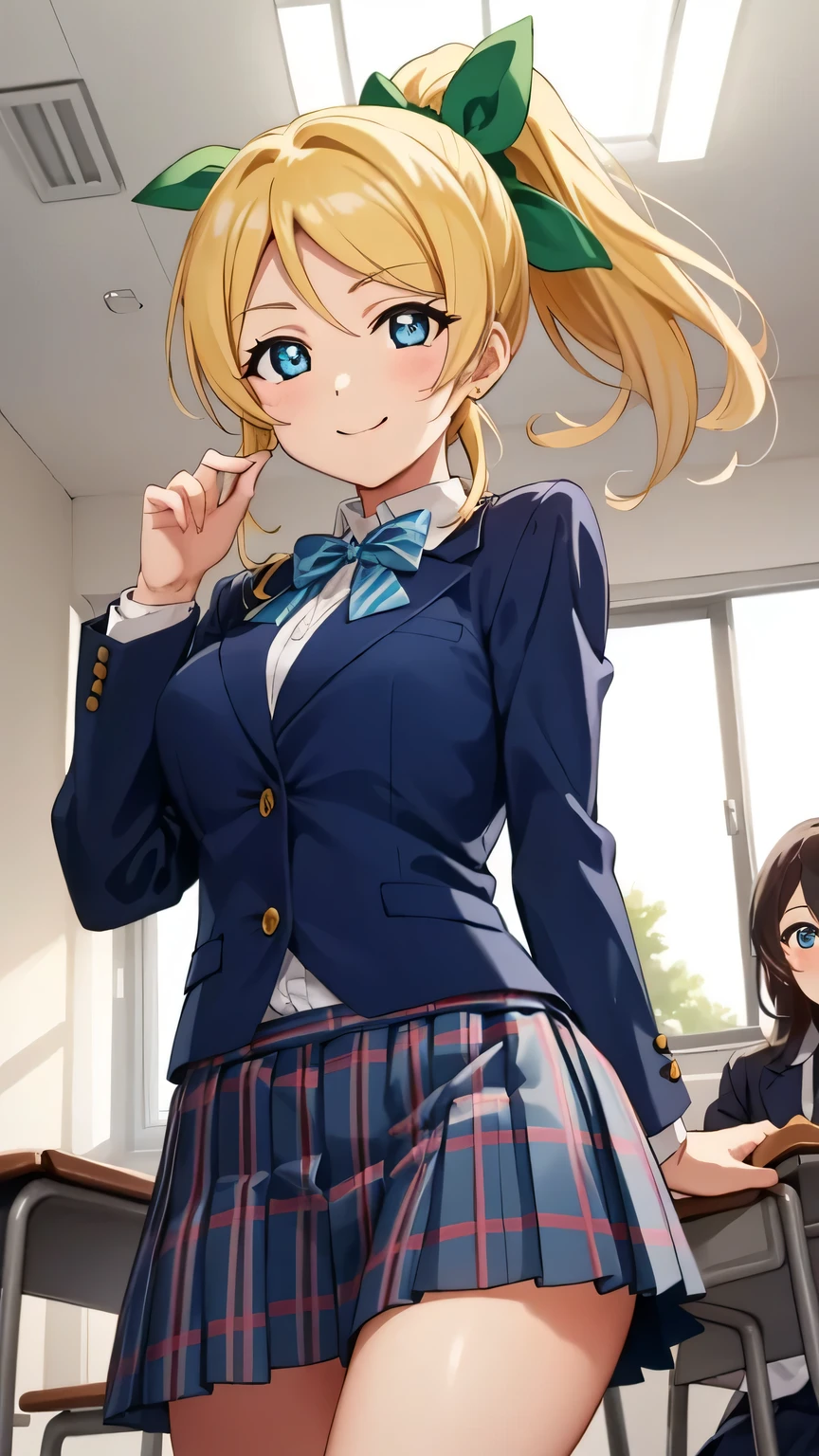 {{{masterpiece}}}, {{{best quality}}}, {{ultra-detailed}}, {illustration}, {{an extremely delicate and beautiful}}, (beautiful detailed eyes:1.6), extremely detailed face, 16k, anime face, ayase eli(lovelive!), cute face, blonde hair, blue eyes, ponytail, white hair ribbon, big breasts, thin waist, big hips, curvaceous, {otonokizaka school uniform}, Winter uniform, white shirt, long sleeve, green ribbon tie, striped tie, jacket, (dark blue jacket:1.5), (check skirt, pleated skirt, light blue skirt, red vertical striped, blue horizontal stripes), BREAK, kyoushitsu, classroom, indoors, school chair, school desk, chalkboard, window, ceiling light, curtains, jump, jumping, smiling, peer in from below, looking at viewer, daytime