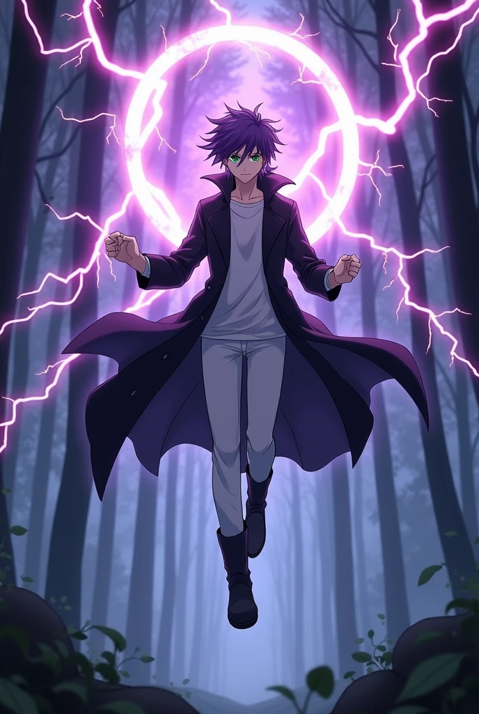  In an anime-style scene set in a mystical forest, a Genshin Impact-inspired character hovers in the air. The character is 187 cm tall, with average but striking features. His purple hair is styled in a mullet haircut, framing his green eyes that have a soft yet fierce expression. He's dressed in a black overcoat, white pants, and a white T-shirt. His clothes are dramatically swayed by the strong, gusty wind, emphasizing the intensity of the scene. Three glowing mana circles with crackling purple lightning hover behind him, showcasing his magical abilities. The character’s full body is shown, floating above the ground, with the mana circles adding a powerful aura around him. The dense, shadowy woods in the background add to the mystical and intense atmosphere. He is showcasing the power purple lightning all over the woods. There's so many purple lightning strikes 
