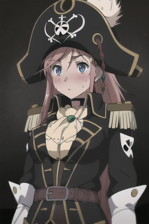 masterpiece, best quality, 1girl, detailed face and eyes, big breasts, cleavage, Katou Marika, close-up, (black pirate costume), belt, (black cargo pants), (black pirate hat), looking down, aroused facial expression, blush, sweat, (simple dark background), view from below