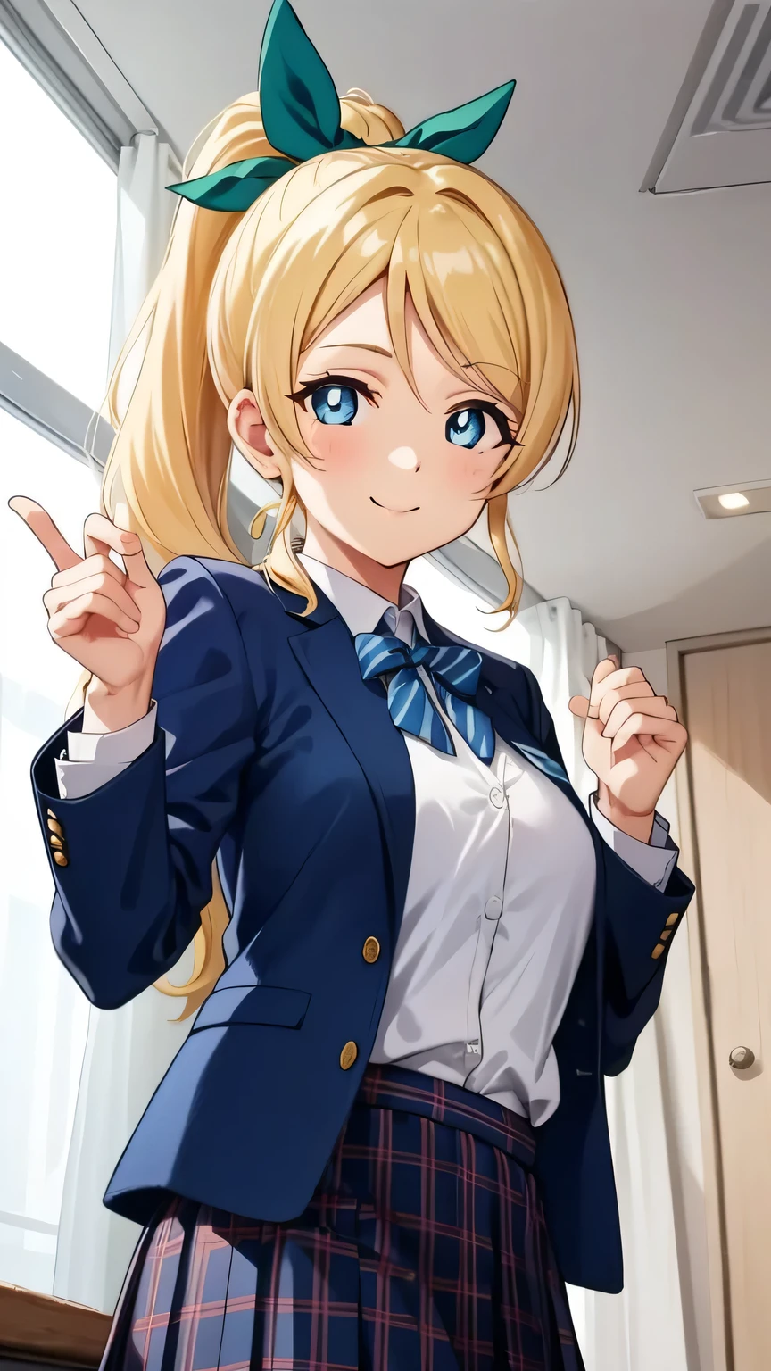 {{{masterpiece}}}, {{{best quality}}}, {{ultra-detailed}}, {illustration}, {{an extremely delicate and beautiful}}, (beautiful detailed eyes:1.6), extremely detailed face, 16k, anime face, ayase eli(lovelive!), cute face, blonde hair, blue eyes, ponytail, white hair ribbon, big breasts, thin waist, big hips, curvaceous, {otonokizaka school uniform}, Winter uniform, white shirt, long sleeve, green ribbon tie, striped tie, jacket, (dark blue jacket:1.5), (check skirt, pleated skirt, light blue skirt, red vertical striped, blue horizontal stripes), BREAK, kyoushitsu, classroom, indoors, school chair, school desk, chalkboard, window, ceiling light, curtains, jump, jumping, smiling, peer in from below, looking at viewer, daytime