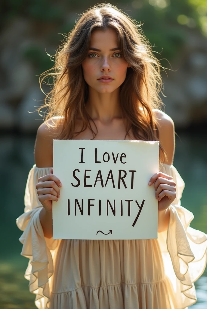 Beautiful girl with wavy long hair, bohemian dress, holding a white board with text "I Love Seaart Infinity" and showing it to the viewer