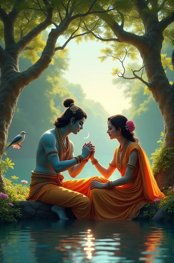 Radha, krishna sitting beside of the pool, evening time, a beautiful place,tree,bird,a moon,krishna have a fluid